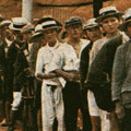 Postcard: People looking for employment at a municipal employment matching agency established following the disaster