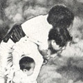 Postcard: Superimposed image of man, woman, and child as smoke and fires approach
