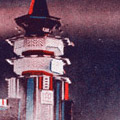 Postcard: A nightime scene of the gates erected to celebrate the reconstruction of Tokyo
