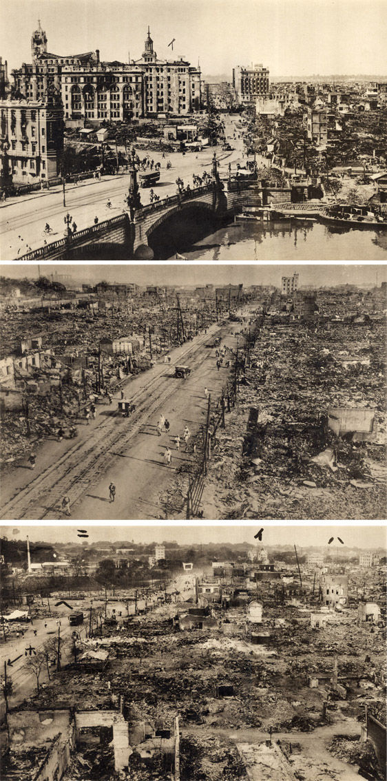 Three scenes of destruction in Tokyo