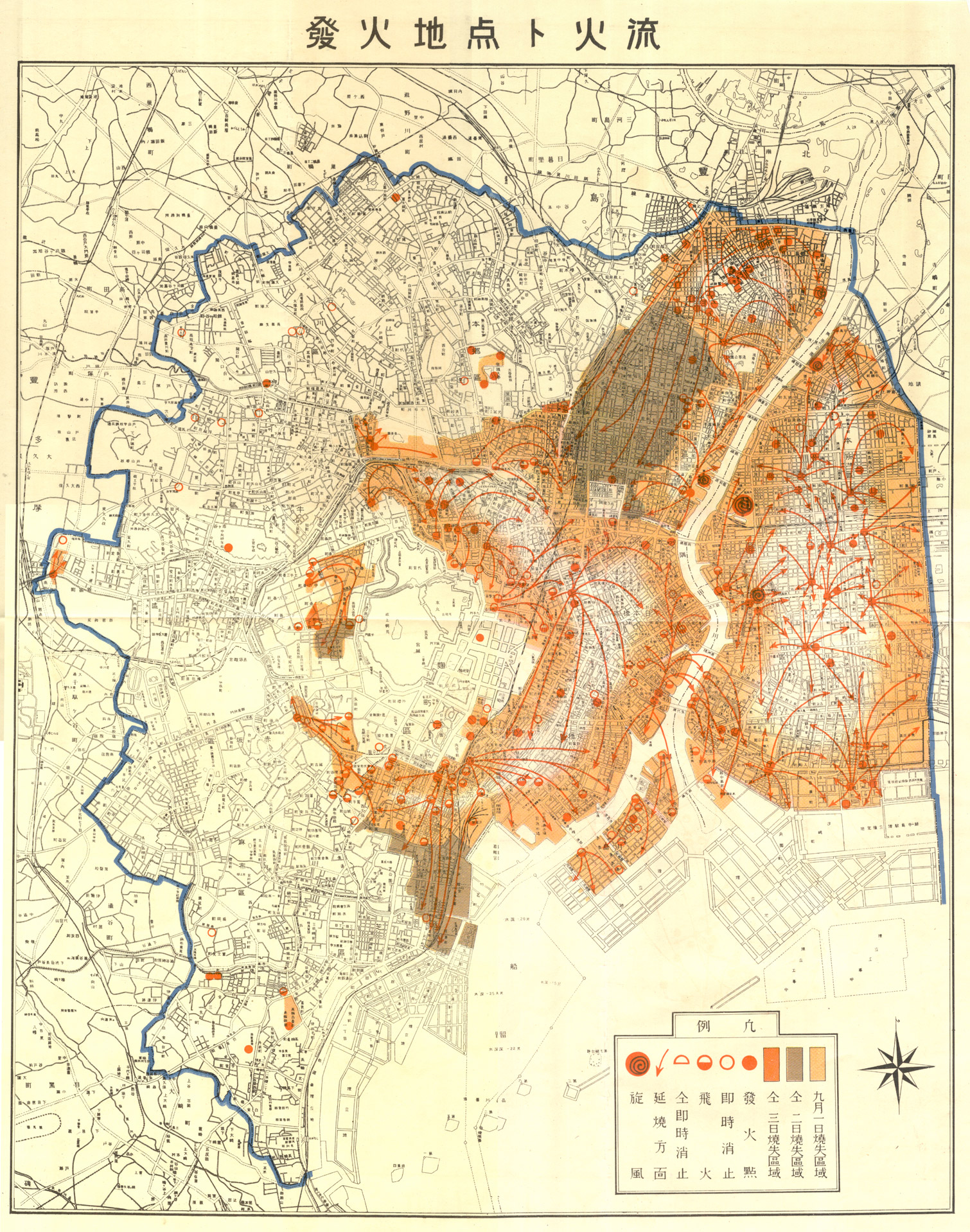 Map indicating the areas burned on 1, 2, and 3 September 1923