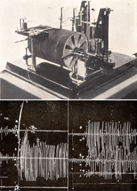 Photograph of a 1920s era seismograph and a seismographic record of the Great Kantō Earthquake