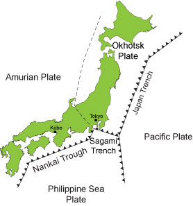 Map of tectonic plates that cause earthquakes in Japan