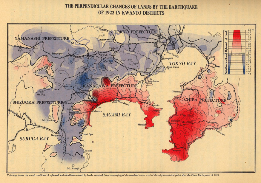 Map indicating changes in elevation of land as a result of the 1923 earthquake
